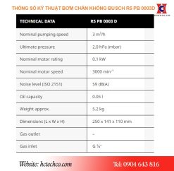 Thông số kỹ thuật của bơm Busch PB 0003D