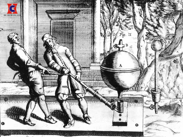 Bản khắc đồng từ năm 1672 mô tả một thí nghiệm tạo môi trường chân không bên trong quả cầu đồng rỗng - Nguồn ảnh: akg-images.
