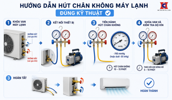 Sơ đồ các bước thực hiện hút chân không máy lạnh đúng kỹ thuật
