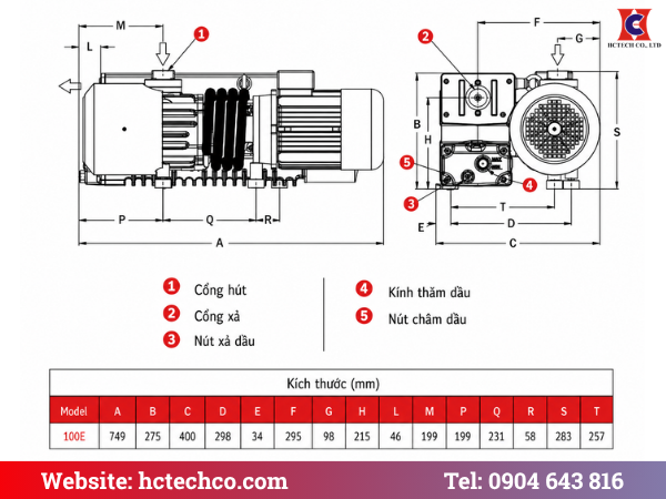 Bản vẽ cấu tạo và kích thước bơm chân không vòng dầu 1 cấp Gevac GP/GPM 100E