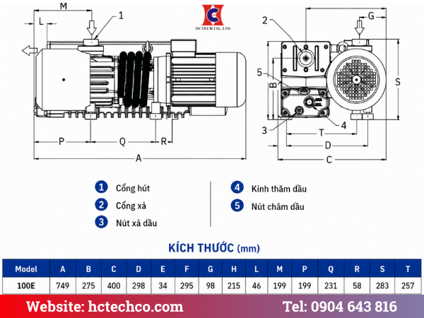 Cấu tạo và bản vẽ kích thước bơm chân không vòng dầu Gevac GPM 100E