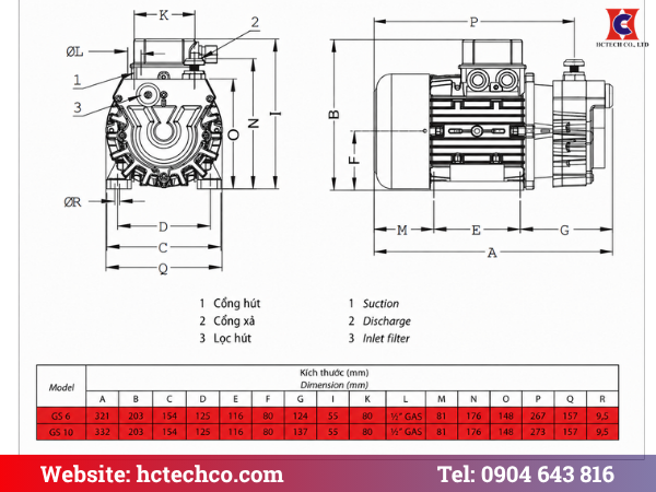 Bản vẽ cấu tạo và kích thước bơm khô GEV GS10